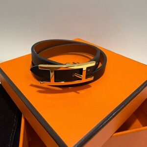 Hermes Black Leather Double Wrap Bracelet